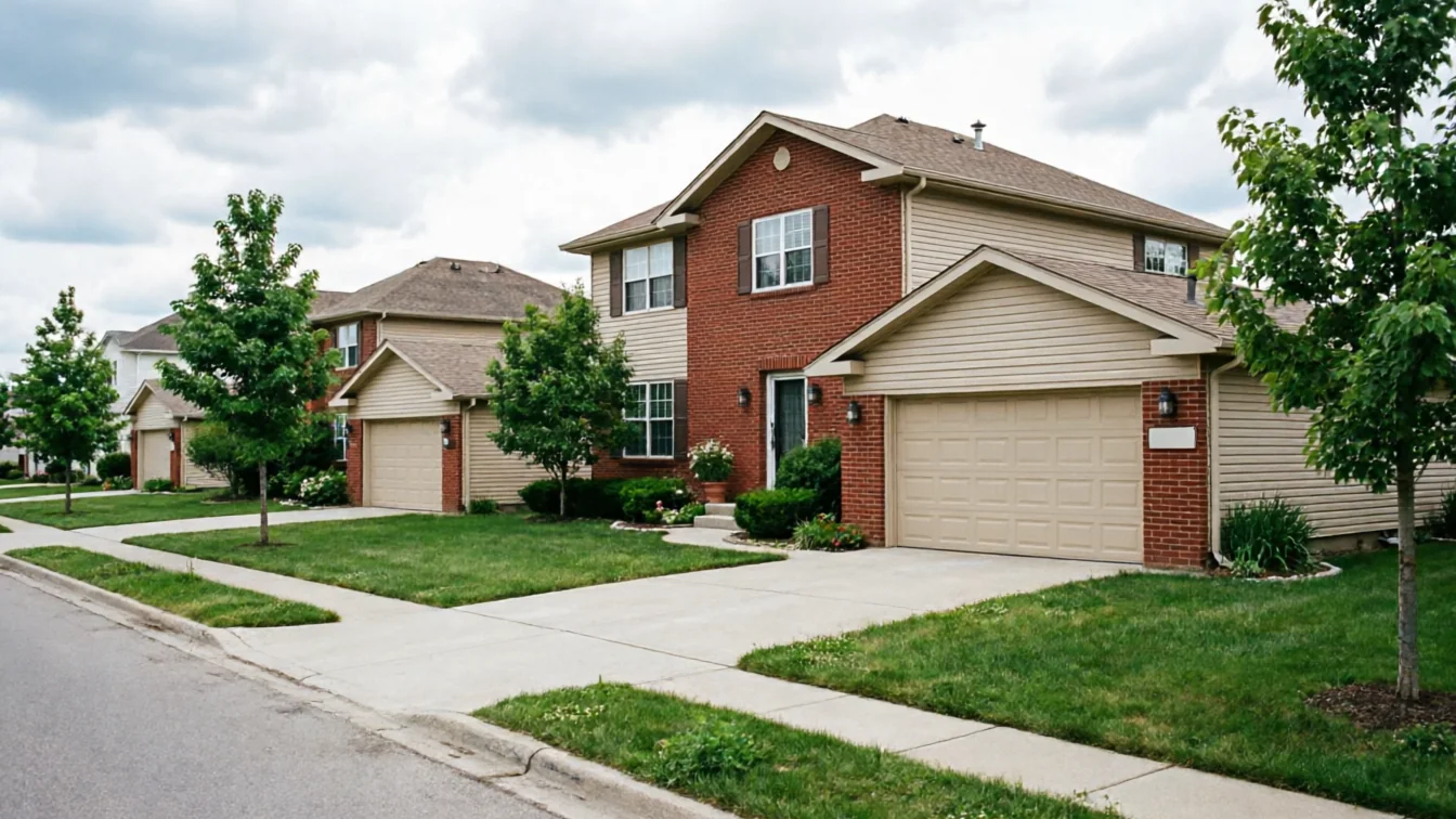 A row of suburban houses with beige garage doors and green lawns.