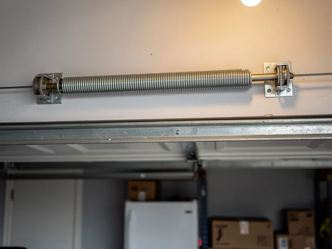 A garage door torsion spring is mounted above the open garage door.