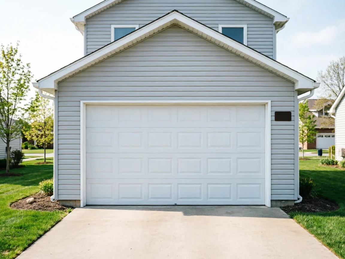 A white paneled garage door on a light gray house with a concrete driveway.